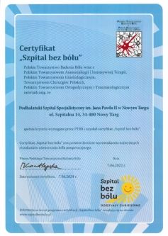 Certyfikat "Szpital bez bólu"